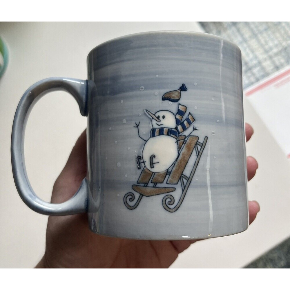 Eddie Bauer Coffee Tea Mug Blue Ceramic Winter Snowman Sledding Large Cup